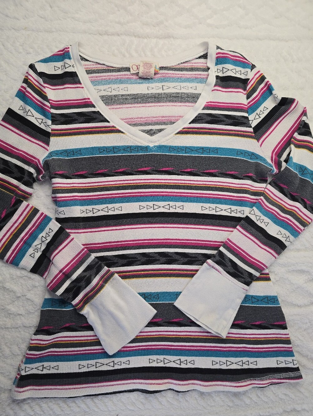 Ocean Pacific Thermal Shirt White Multicolor Geometric Waffle Knit V-neck Y2K XL